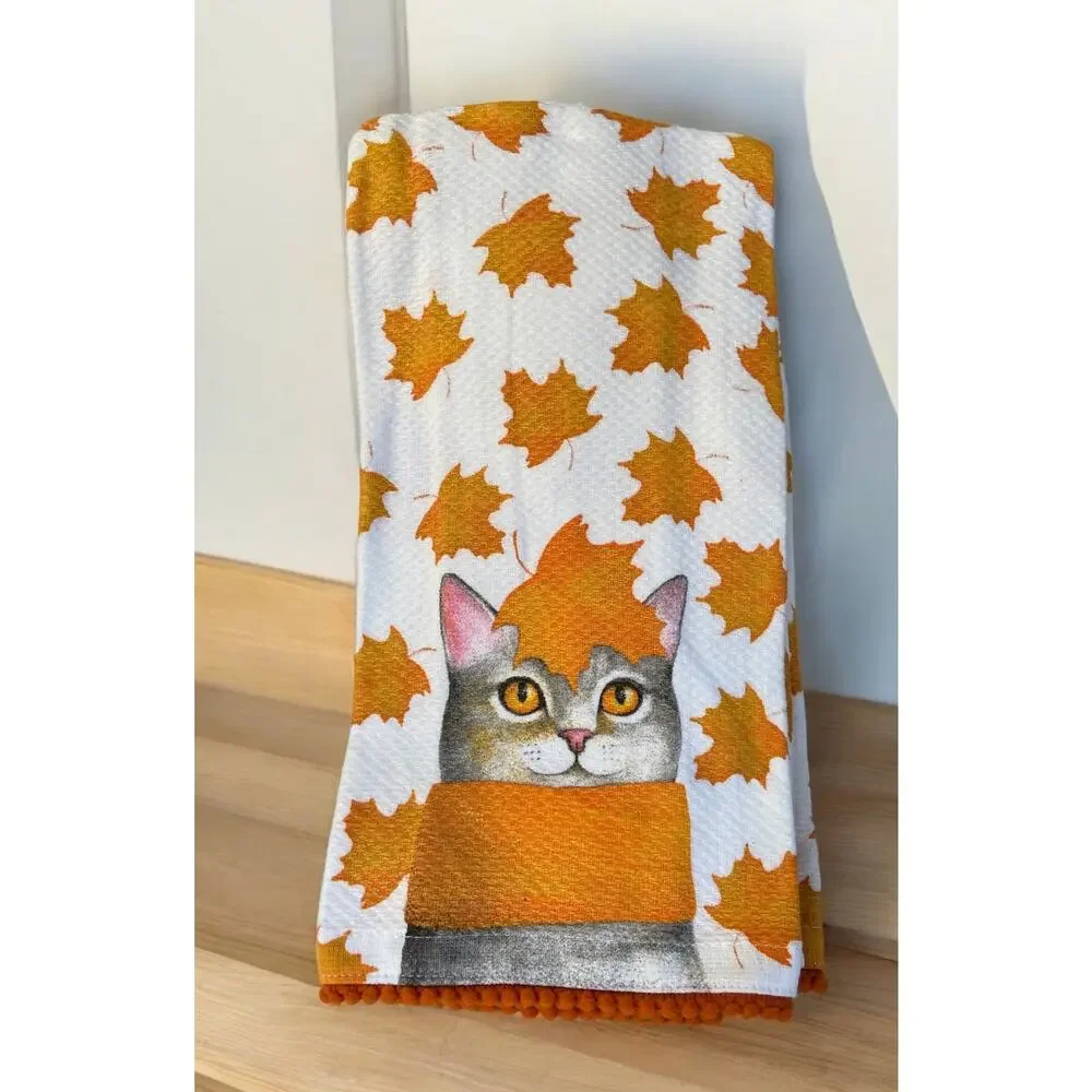 NEW Grey Tabby Autumn Cat & Orange Fall Leaves Cats Kitten Kitchen 2 Towel Set